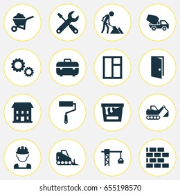 Architecture Icons Set. Collection Of Lifting Hook, Maintenance, Service And Other Elements. Also Includes Symbols Such As Excavator, Wall, Home.