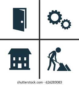 Architecture Icons Set. Collection Of Maintenance, Cogwheel, Entrance And Other Elements. Also Includes Symbols Such As Entrance, Cogwheel, House.