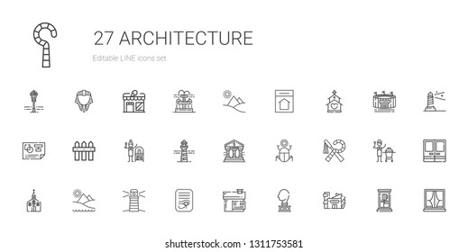 architecture icons set. Collection of architecture with mall, sculpture, house, egypt, lighthouse, pyramid, church, bank, terracotta. Editable and scalable architecture icons.