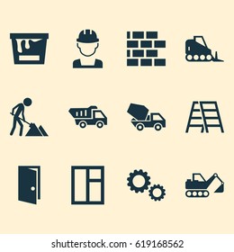 Architecture Icons Set. Collection Of Paint Bucket, Truck, Entrance And Other Elements. Also Includes Symbols Such As Vehicle, Truck, Digger.