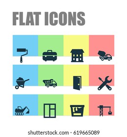 Architecture Icons Set. Collection Of Paint Roller, Digger, Paint Bucket And Other Elements. Also Includes Symbols Such As Equipment, Wall, Toolbox.