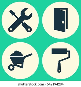 Architecture Icons Set. Collection Of Paint Roller, Entrance, Carry Cart And Other Elements. Also Includes Symbols Such As Repair, Cart, Tools.