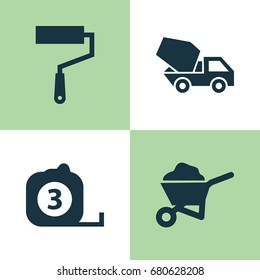 Architecture Icons Set. Collection Of Paint Roller, Measure Tool, Carry Cart And Other Elements. Also Includes Symbols Such As Mixer, Vehicle, Wheelbarrow.