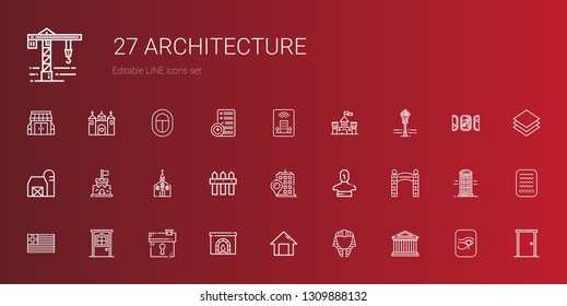 architecture icons set. Collection of architecture with parthenon, egyptian, home, chimney, house, door, greece, entrance, statue, building. Editable and scalable architecture icons.