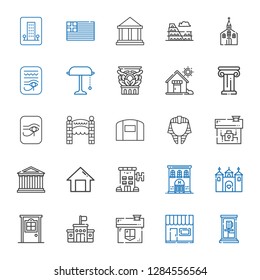 architecture icons set. Collection of architecture with phone box, store, house, school, door, castle, hotel, home, parthenon, egyptian. Editable and scalable architecture icons.