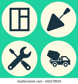 Architecture Icons Set. Collection Of Service, Spatula, Cement Vehicle And Other Elements. Also Includes Symbols Such As Window, Glass, Vehicle.