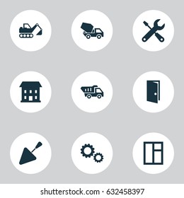Architecture Icons Set. Collection Of Spatula, Cement Vehicle, Glass Frame And Other Elements. Also Includes Symbols Such As Gear, Entrance, Cement.
