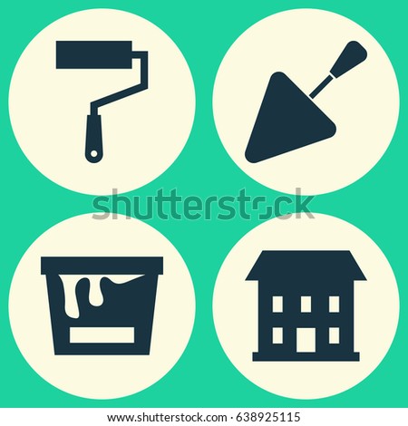 Architecture Icons Set. Collection Of Spatula, Paint Bucket, Paint Roller And Other Elements. Also Includes Symbols Such As Building, Spatula, Home.