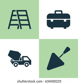 Architecture Icons Set. Collection Of Stair, Spatula, Cement Vehicle And Other Elements. Also Includes Symbols Such As Equipment, Trowel, Vehicle.