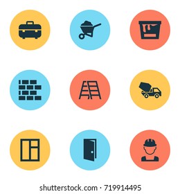 Architecture Icons Set. Collection Of Stair, Glass Frame, Paint Bucket And Other Elements. Also Includes Symbols Such As Toolbox, Wheelbarrow, Glass.