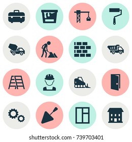 Architecture Icons Set. Collection Of Stair, Builder, Equipment And Other Elements. Also Includes Symbols Such As Paint, Tractor, Truck.