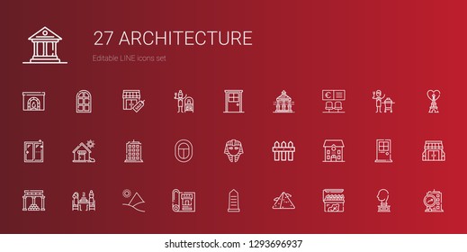 architecture icons set. Collection of architecture with store, pyramid, egypt, blueprint, pierrade, temple of apollo, school, fence. Editable and scalable architecture icons.