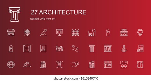 architecture icons set. Collection of architecture with store, building, egypt, lighthouse, pyramid, window, column, mall, hotel, barn. Editable and scalable architecture icons.