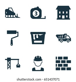 Architecture Icons Set. Collection Of Tractor, Paint Bucket, Truck And Other Elements. Also Includes Symbols Such As Truck, Vehicle, Tractor.