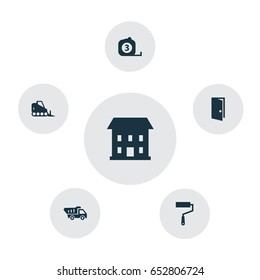 Architecture Icons Set. Collection Of Tractor, Paint Roller, Home And Other Elements. Also Includes Symbols Such As House, Measure, Tape.