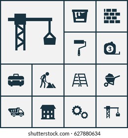 Architecture Icons Set. Collection Of Wall, Stair, Cogwheel And Other Elements. Also Includes Symbols Such As Case, Cart, Wall.