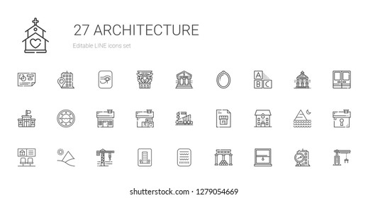 architecture icons set. Collection of architecture with window, temple of apollo, egypt, hotel, crane, pyramid, bank, school, blueprint. Editable and scalable architecture icons.