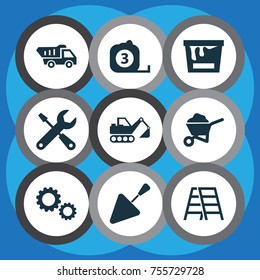 Architecture Icons Set. Includes Icons Such As Cogwheel, Measure Tool, Carry Cart And Other.
