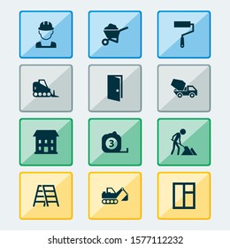 Architecture icons set with tape ruler, door, bulldozer and other builder elements. Isolated vector illustration architecture icons.