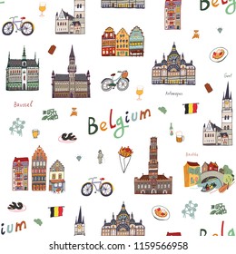  Architecture And Icons With Symbols Of Belgium, Hand Drawn Doodle Seamless Pattern