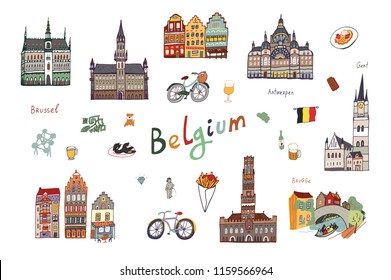  Architecture And Icons With Symbols Of Belgium, Hand Drawn Doodle Illustrations Set