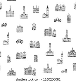  Architecture and icons with symbols of Belgium, hand drawn doodle seamless pattern
