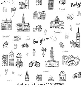  Architecture And Icons With Symbols Of Belgium, Hand Drawn Doodle Line Seamless Pattern