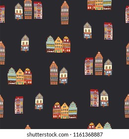  Architecture and icons with symbols of Belgium, hand drawn doodle seamless pattern