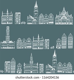  Architecture and icons with symbols of Belgium, hand drawn doodle seamless pattern