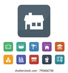 Architecture icons. vector collection filled architecture icons such as house, bank, house clean, tower crane, plan, window, church, store window, hotel, store