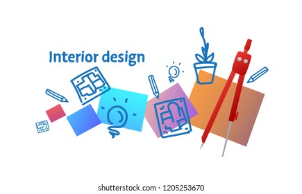 architecture interior design concept compass technical drawing instrument sketch doodle horizontal vector illustration