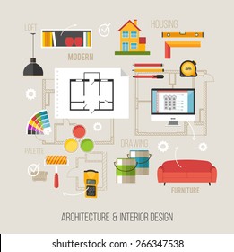 Architecture and interior design concept with architecture icons