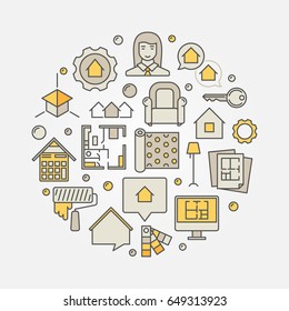 Architecture and interior design illustration. Vector round colorful home design symbol
