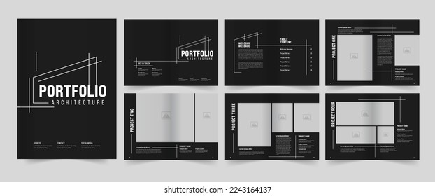 Arquitectura y diseño de portafolio interior, una plantilla de portafolio de cuatro tamaños. Diseño de portafolio de arquitectura, diseño de folletos inmobiliarios.