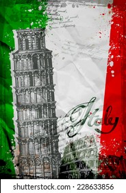 Architecture of Italy on the background of the Italian flag. vector illustration