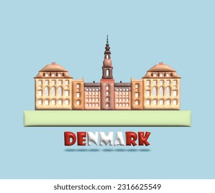 Marca de arquitectura en Dinamarca símbolo e ícono de copenhague y christiansborg. Hermosa arquitectura de construcción colorida en la ilustración vectorial 3d. Punto de referencia del mundo en Dinamarca .