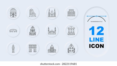 Architecture landmark set icon. Cathedral facade, residential buildings, mosque silhouette, courthouse columns, historic tower, triumph gateway, governmental structure graphics.