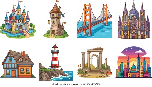 Architecture landmark vector set featuring castle suspension bridge cathedral and skyline