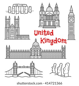 Wahrzeichen der Architektur und historische Sehenswürdigkeiten isolierte Skizzensymbole mit Big Ben, Tower Bridge, Stonehenge, Mauersteinfiguren, Windsor Castedral, St. Paul Kathedrale und Westminster Palast