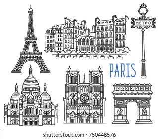 Architecture, landmarks and monuments of Paris. Vector drawing isolated on white background