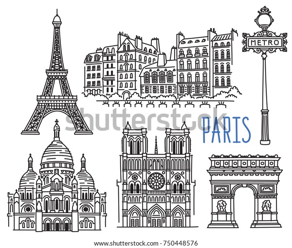 Architecture, landmarks and monuments of\
Paris. Vector drawing isolated on white\
background