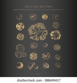 Architecture, landscape design elements - different treetop symbols. Golden line illustration.