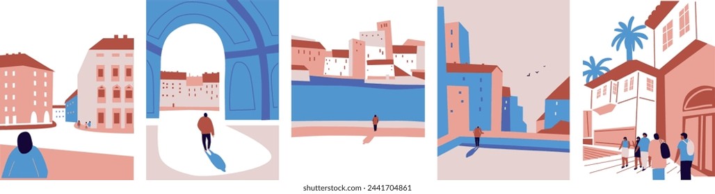Architecture landscape set. Banner travel trip. For social networks, advertising or logo Travel agency