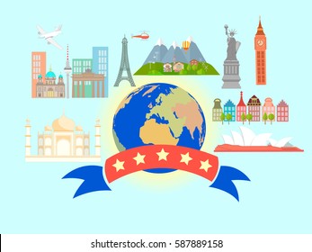 Architecture and landscapes all over the world. Belted globe heraldic ribbon with five stars