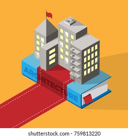 Architecture learning concept. Isometric vector illustration of city standing on a book with red carpet as a road. Detailed and colorful icon for your business. Isolated on yellow background.