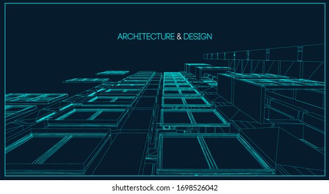 Architecture line background. Building construction sketch vector abstract. Modern city 3d project. Technology geometric grid. Wire blueprint house. Digital architect innovation wireframe.