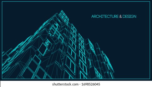 Architecture Line Background. Building Construction Sketch Vector Abstract. Modern City 3d Project. Technology Geometric Grid. Wire Blueprint House. Digital Architect Innovation Wireframe.