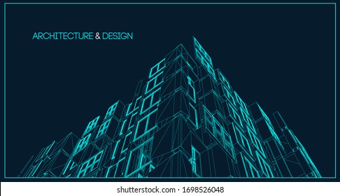 Architecture line background. Building construction sketch vector abstract. Modern city 3d project. Technology geometric grid. Wire blueprint house. Digital architect innovation wireframe.