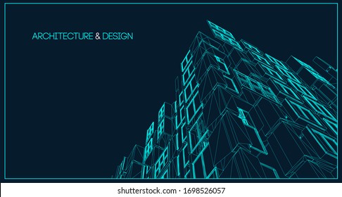 Architecture line background. Building construction sketch vector abstract. Modern city 3d project. Technology geometric grid. Wire blueprint house. Digital architect innovation wireframe.