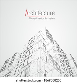 Architecture line background. Building construction sketch vector abstract. Modern city 3d project. Technology geometric grid. Wire blueprint house. Digital architect innovation wireframe.